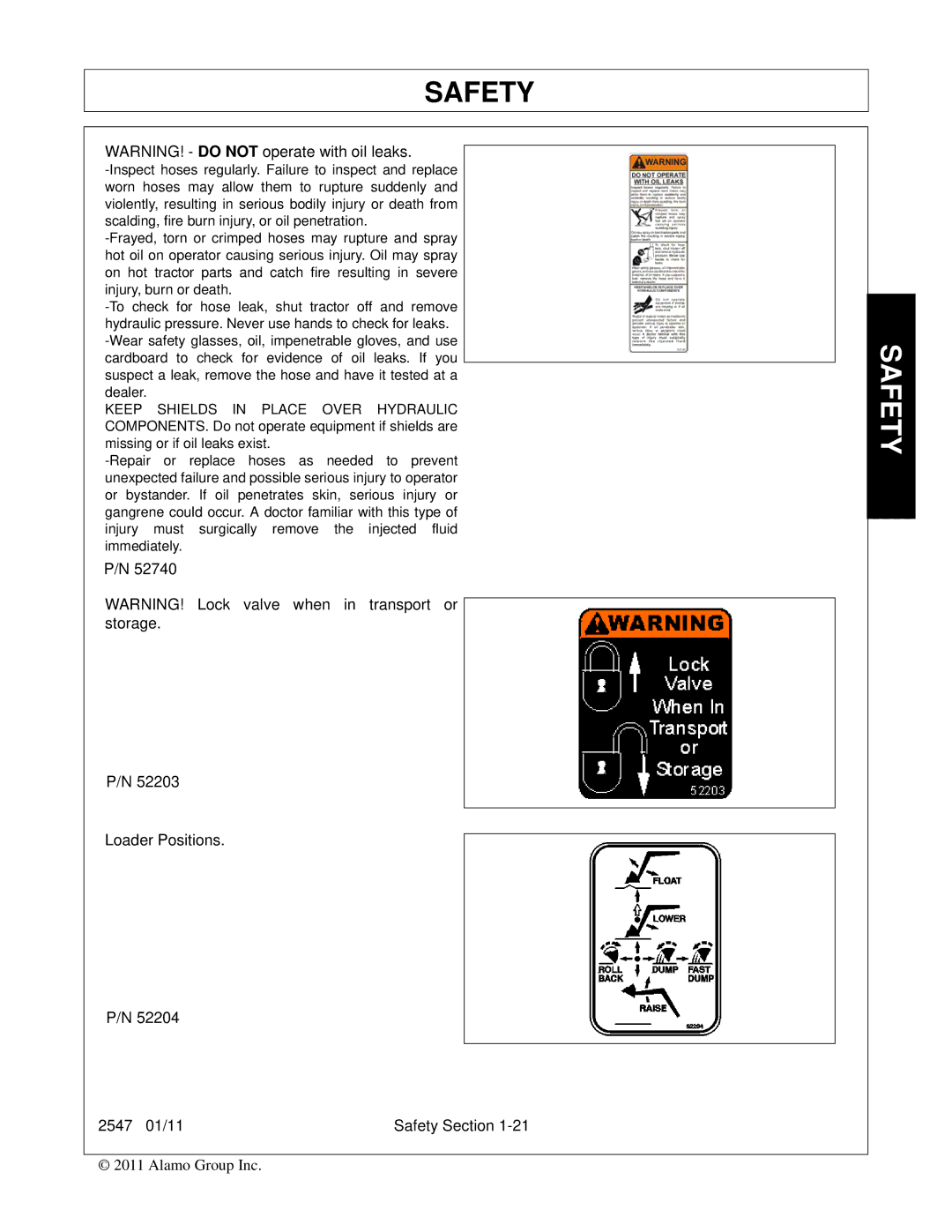 Bush Hog manual Loader Positions 2547 01/11 Safety Section 