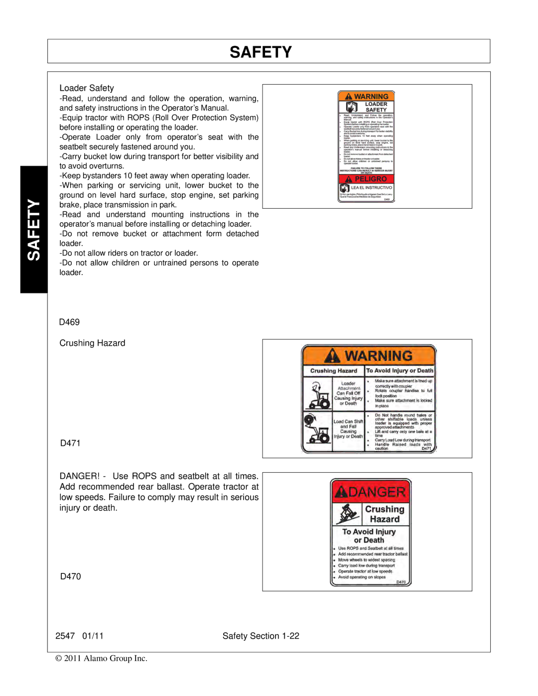 Bush Hog manual D469 Crushing Hazard D471 D470 2547 01/11 Safety Section 