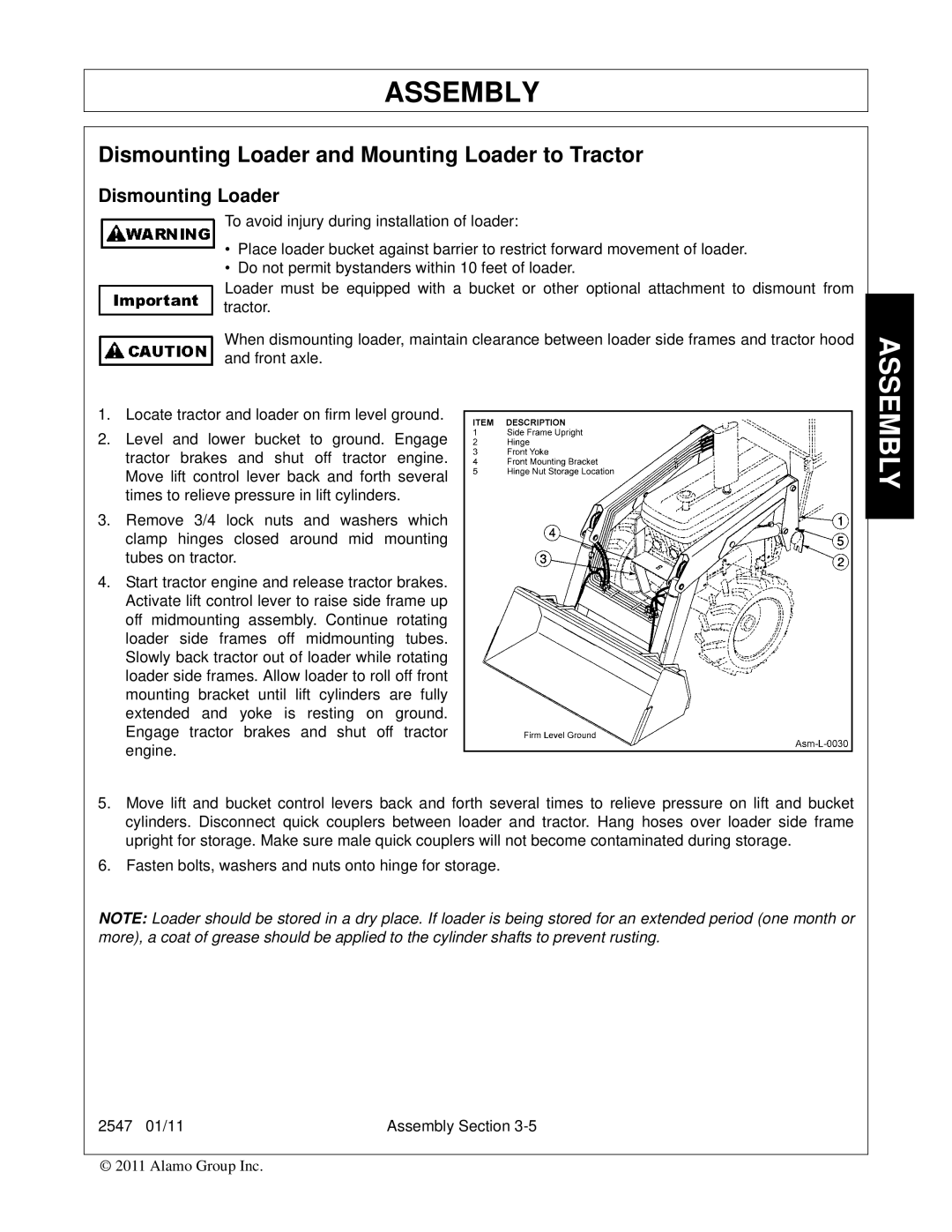 Bush Hog 2547 manual Dismounting Loader and Mounting Loader to Tractor 