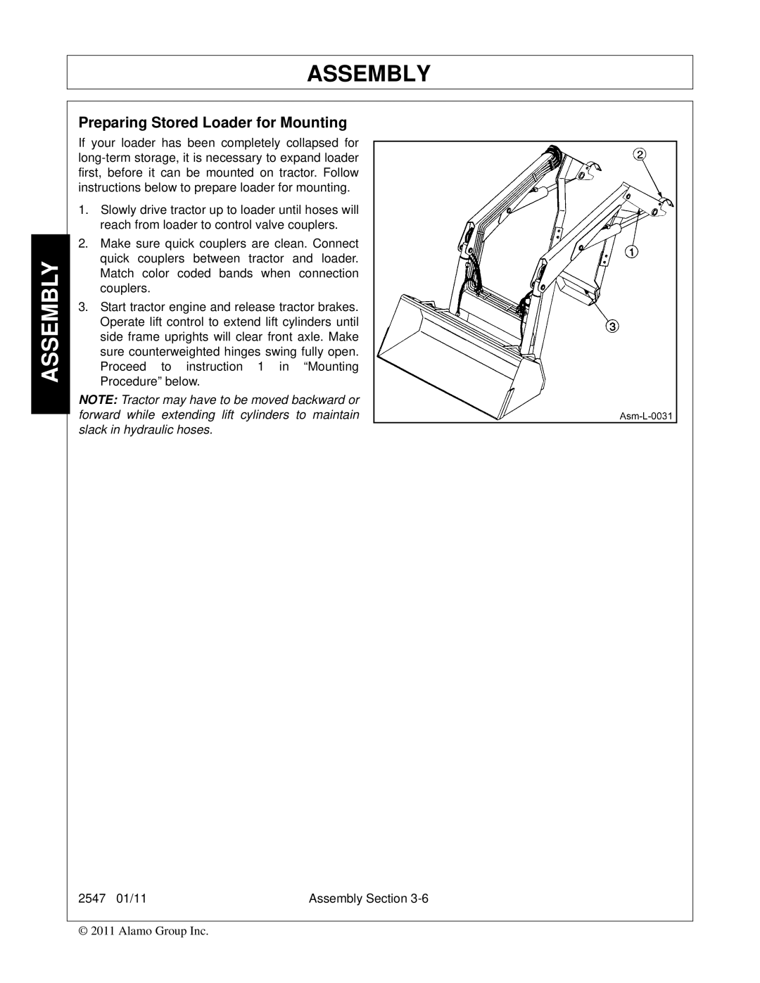 Bush Hog 2547 manual Preparing Stored Loader for Mounting 