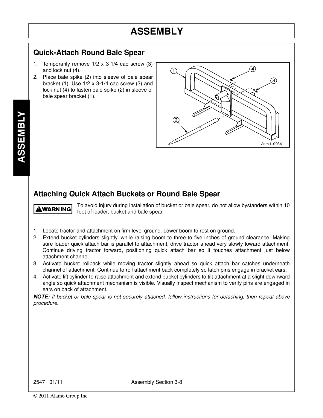 Bush Hog 2547 manual Quick-Attach Round Bale Spear, Attaching Quick Attach Buckets or Round Bale Spear 