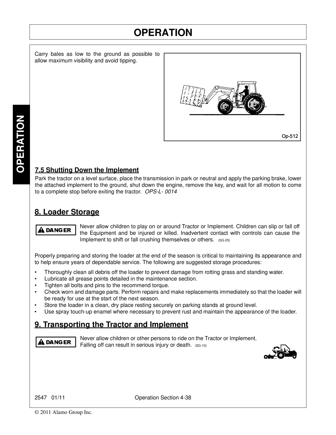 Bush Hog 2547 manual Loader Storage, Transporting the Tractor and Implement, Shutting Down the Implement 