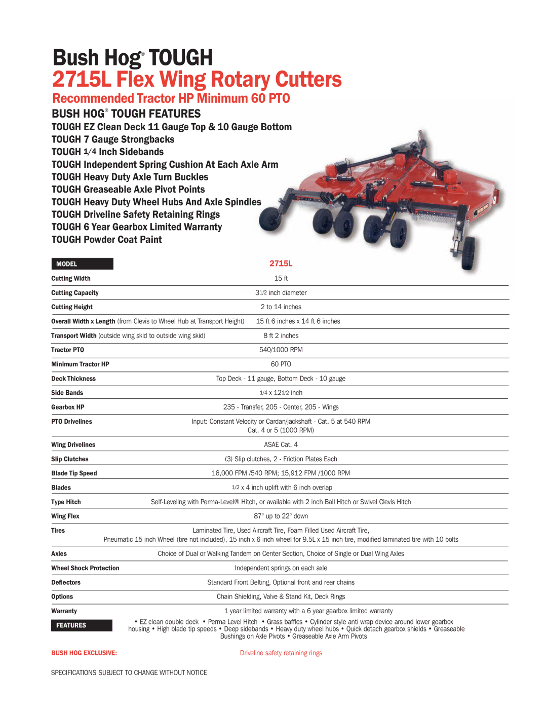 Bush Hog 2715L specifications Cutting Width, Cutting Capacity, Cutting Height, Tractor PTO, Minimum Tractor HP, Side Bands 