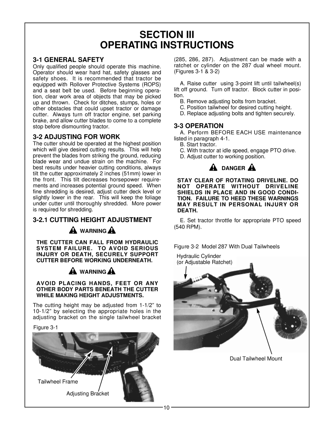 Bush Hog 280 Section Operating Instructions, General Safety, Adjusting for Work, Cutting Height Adjustment, Operation 