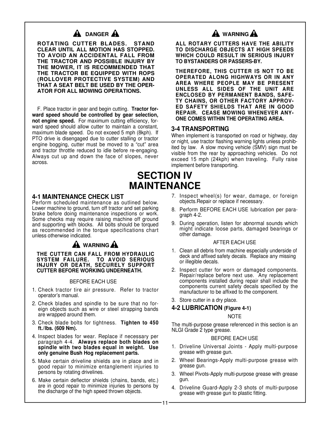 Bush Hog 280 manual Section Maintenance, Transporting, Maintenance Check List 