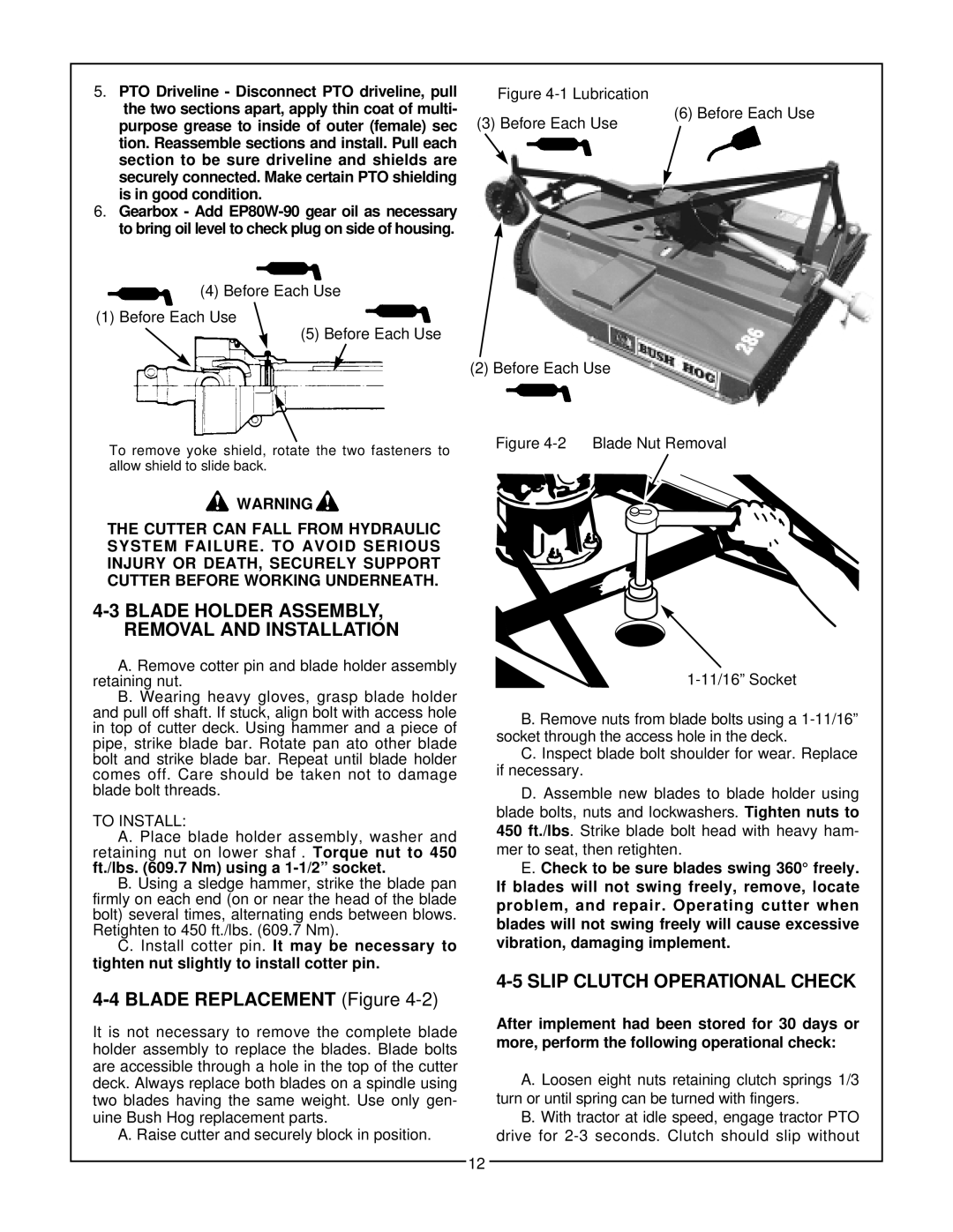 Bush Hog 280 manual Blade Holder ASSEMBLY, Removal and Installation, Slip Clutch Operational Check 