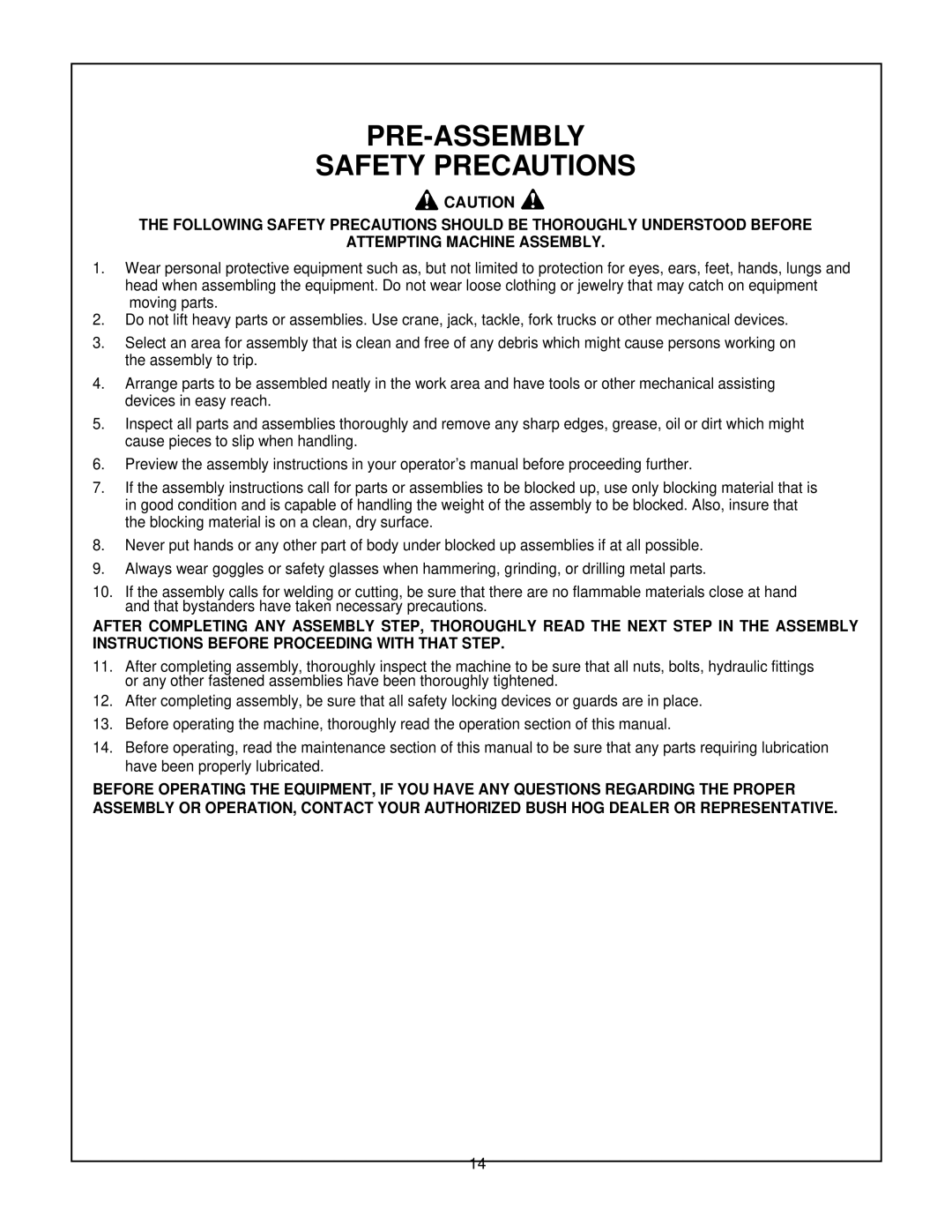 Bush Hog 280 manual PRE-ASSEMBLY Safety Precautions 