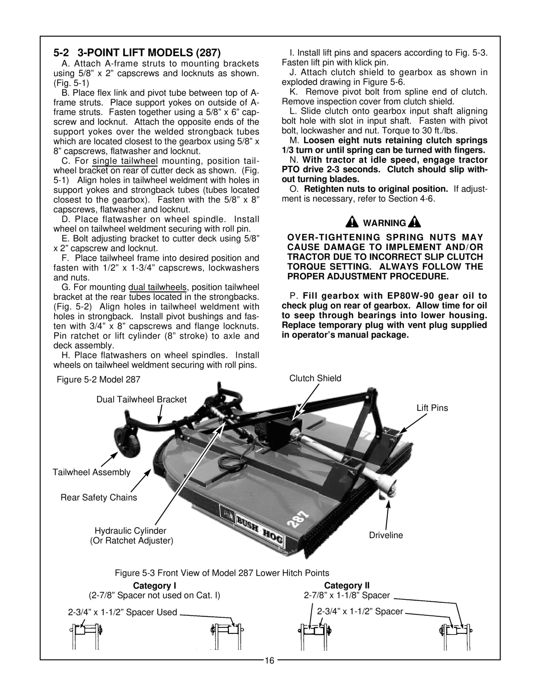 Bush Hog 280 manual POINT Lift Models, Front View of Model 287 Lower Hitch Points 