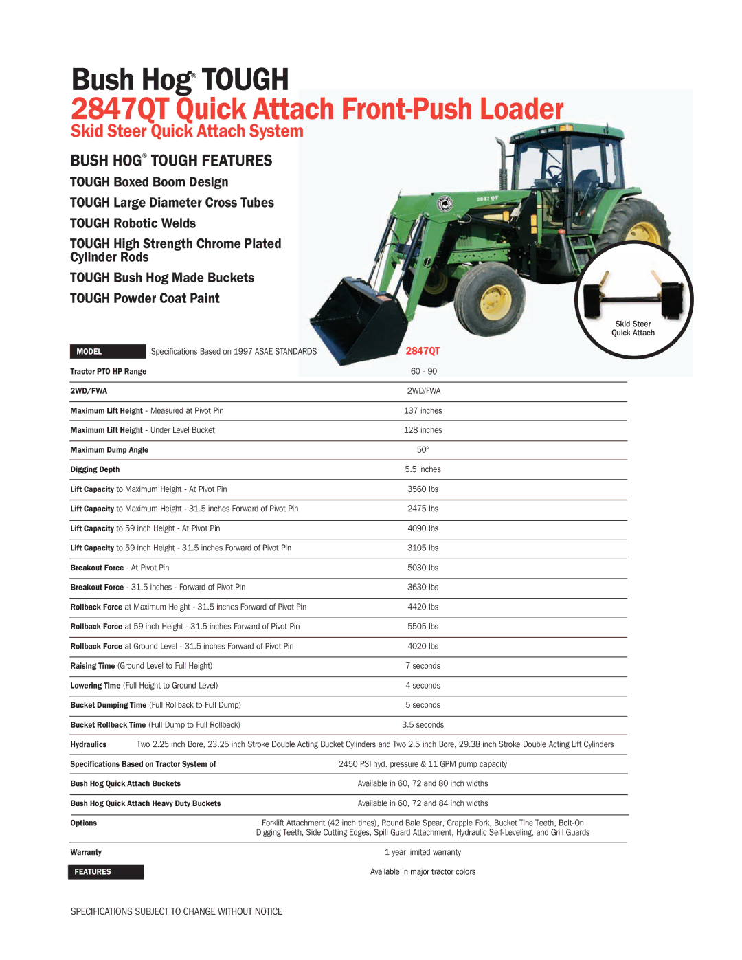 Bush Hog 2847QT specifications Tractor PTO HP Range, Maximum Lift Height Under Level Bucket, Breakout Force At Pivot Pin 