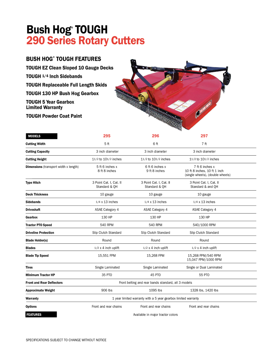 Bush Hog 290 Series specifications Series Rotary Cutters, Bush Hog Tough Features, 295 296 297 