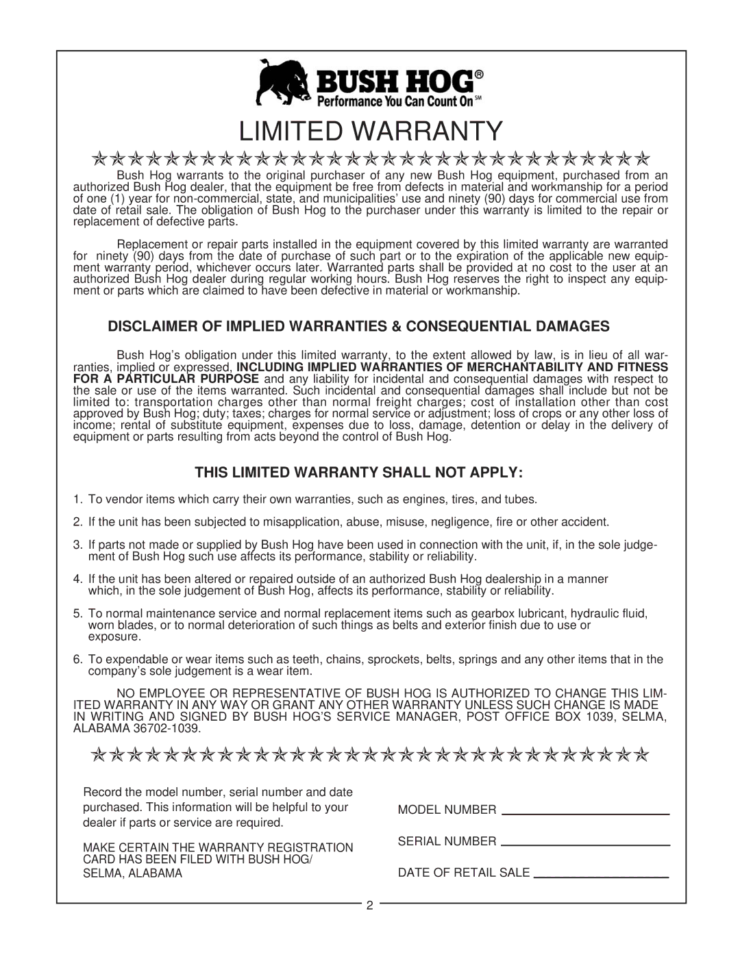 Bush Hog 300 Series manual Disclaimer of Implied Warranties & Consequential Damages, This Limited Warranty Shall not Apply 