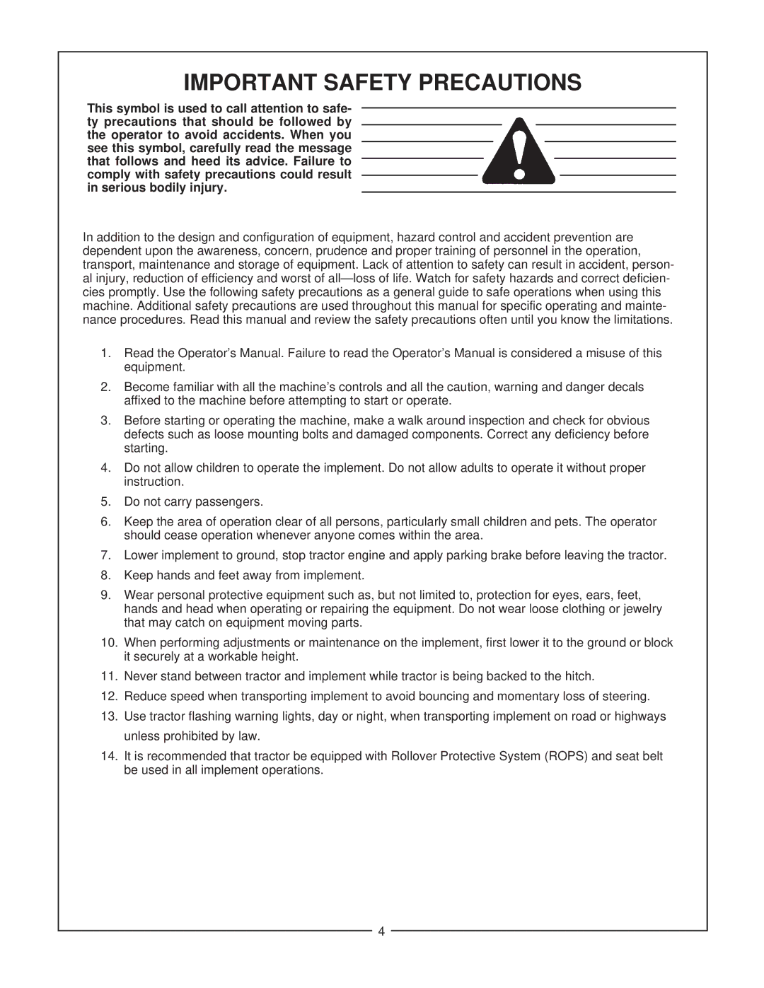 Bush Hog 300 Series manual Important Safety Precautions 