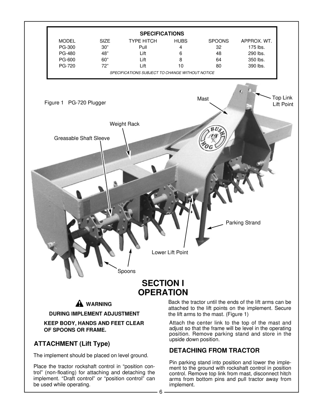 Bush Hog 300 Series manual Detaching from Tractor, Specifications 