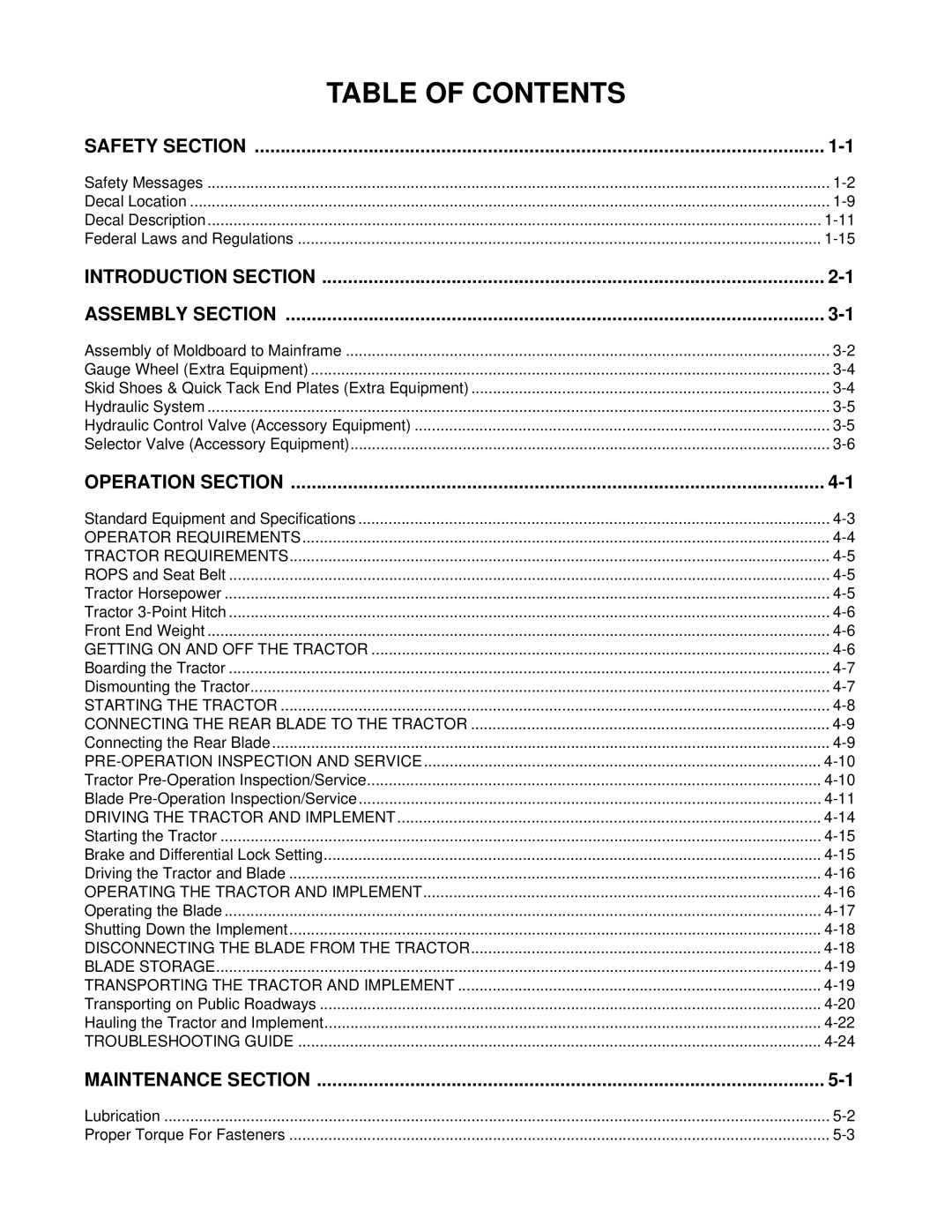 Bush Hog 300 manual Table of Contents 