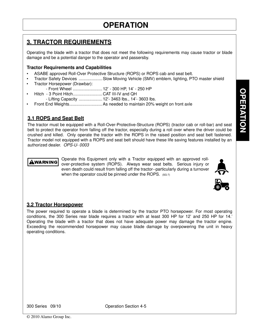 Bush Hog 300 manual Tractor Requirements, Rops and Seat Belt, Tractor Horsepower 