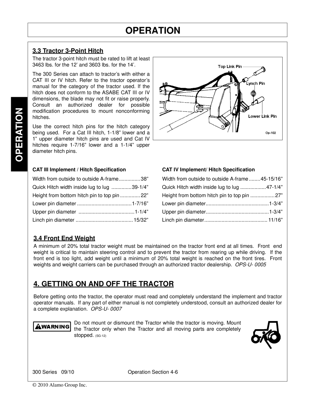 Bush Hog 300 manual Getting on and OFF the Tractor, Tractor 3-Point Hitch, Front End Weight 