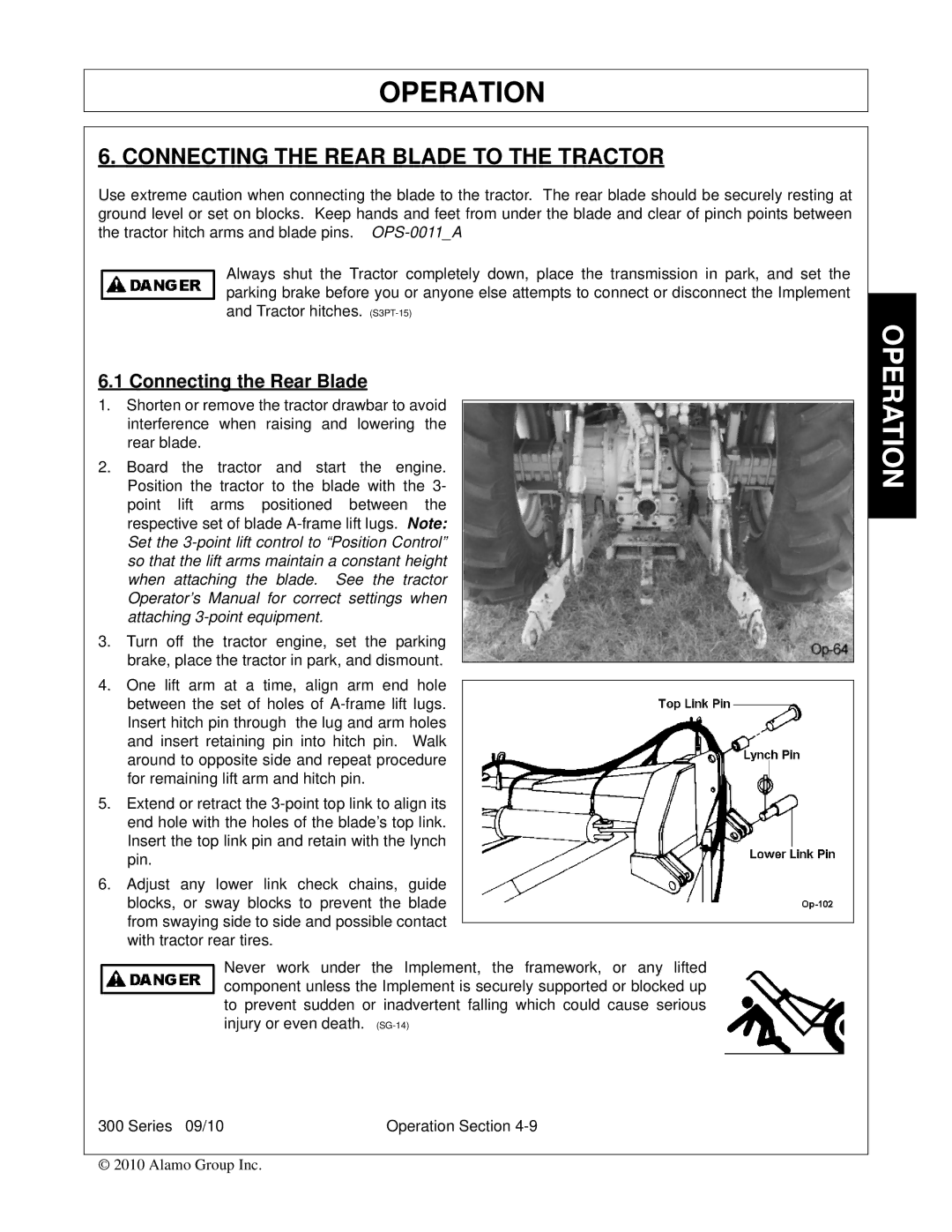 Bush Hog 300 manual Connecting the Rear Blade to the Tractor 