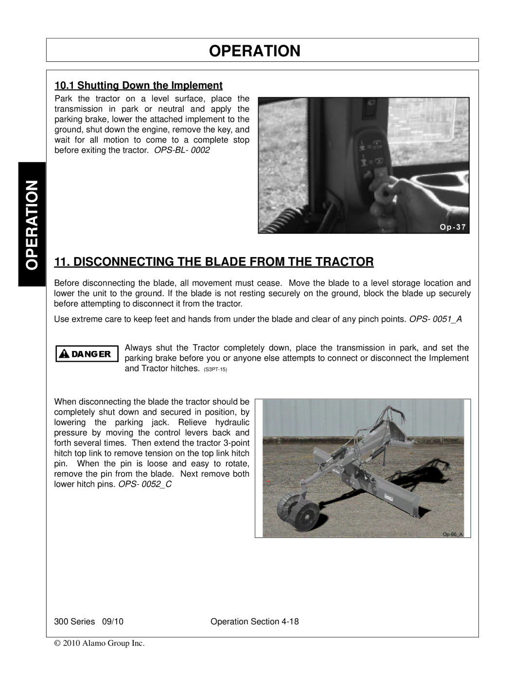 Bush Hog 300 manual Disconnecting the Blade from the Tractor, Shutting Down the Implement 