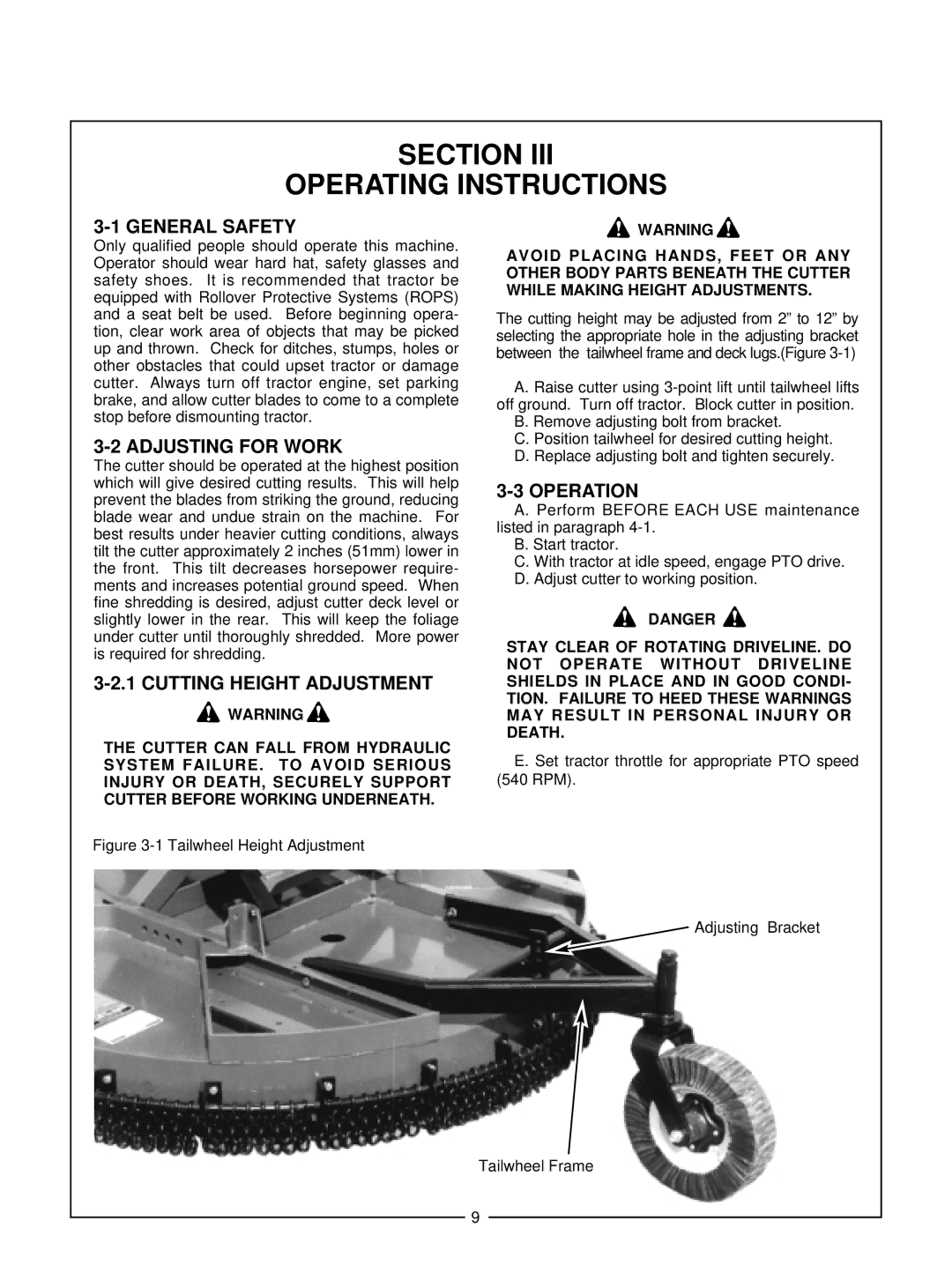 Bush Hog 306, 305 manual Section, General Safety, Adjusting for Work, Cutting Height Adjustment, Operation 