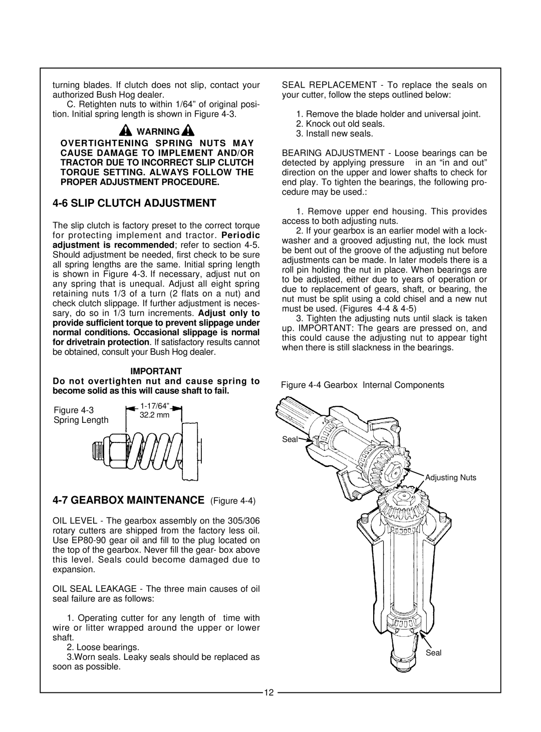 Bush Hog 305, 306 manual Slip Clutch Adjustment, Gearbox Maintenance 