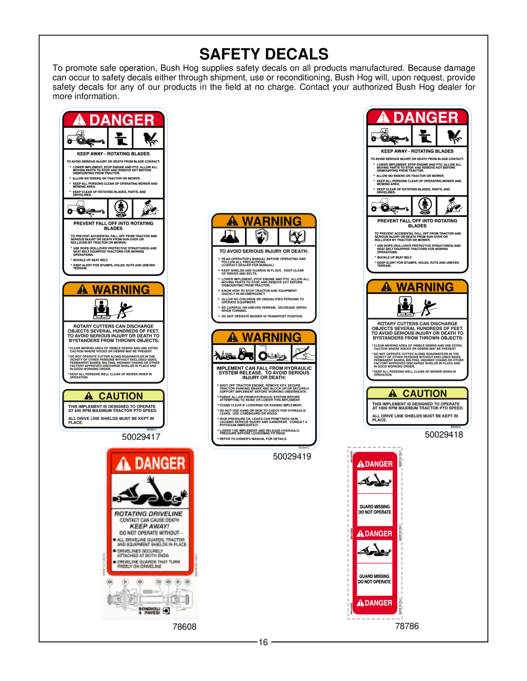 Bush Hog 305, 306 manual Safety Decals, 50029418, 50029419 78608 78786 