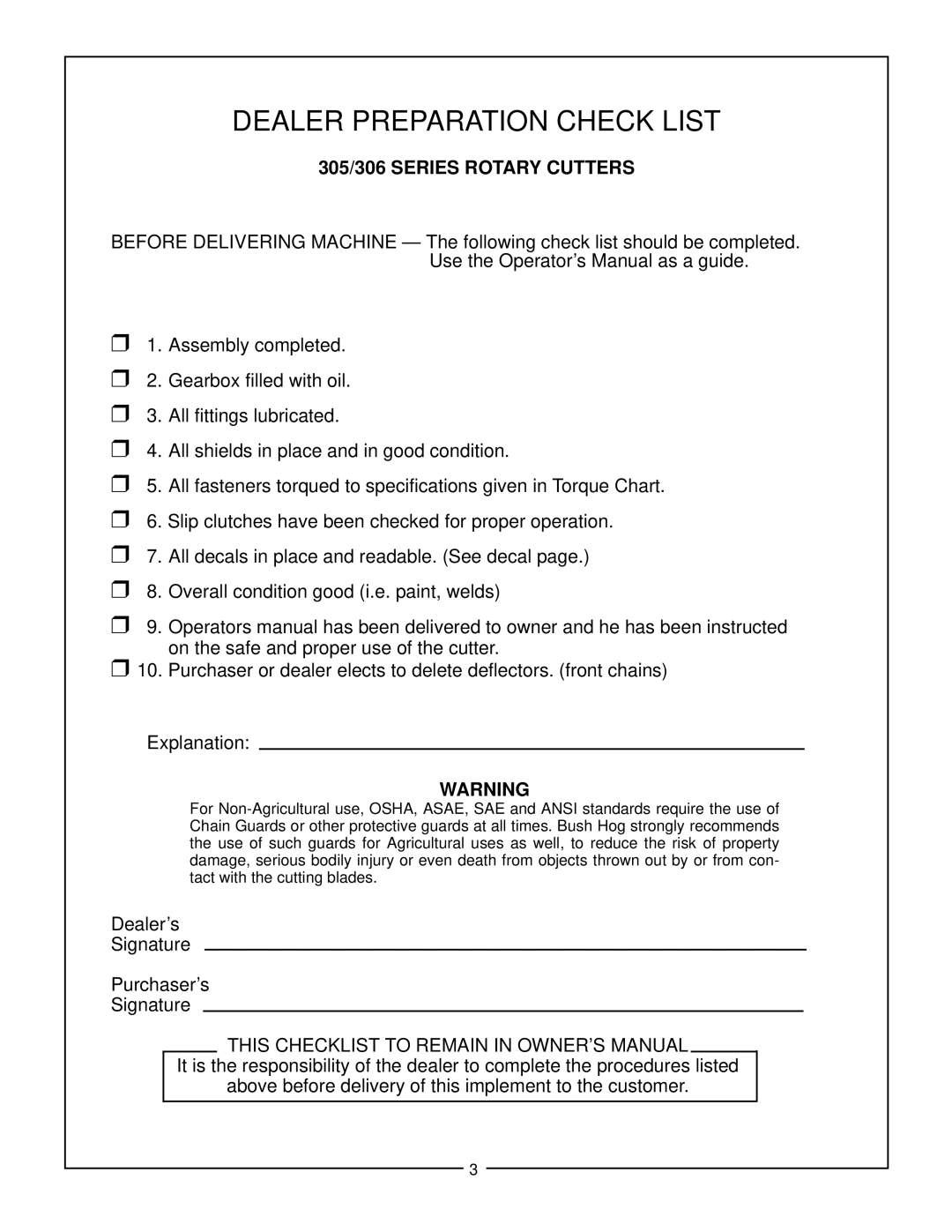 Bush Hog manual Dealer Preparation Check List, 305/306 Series Rotary Cutters 