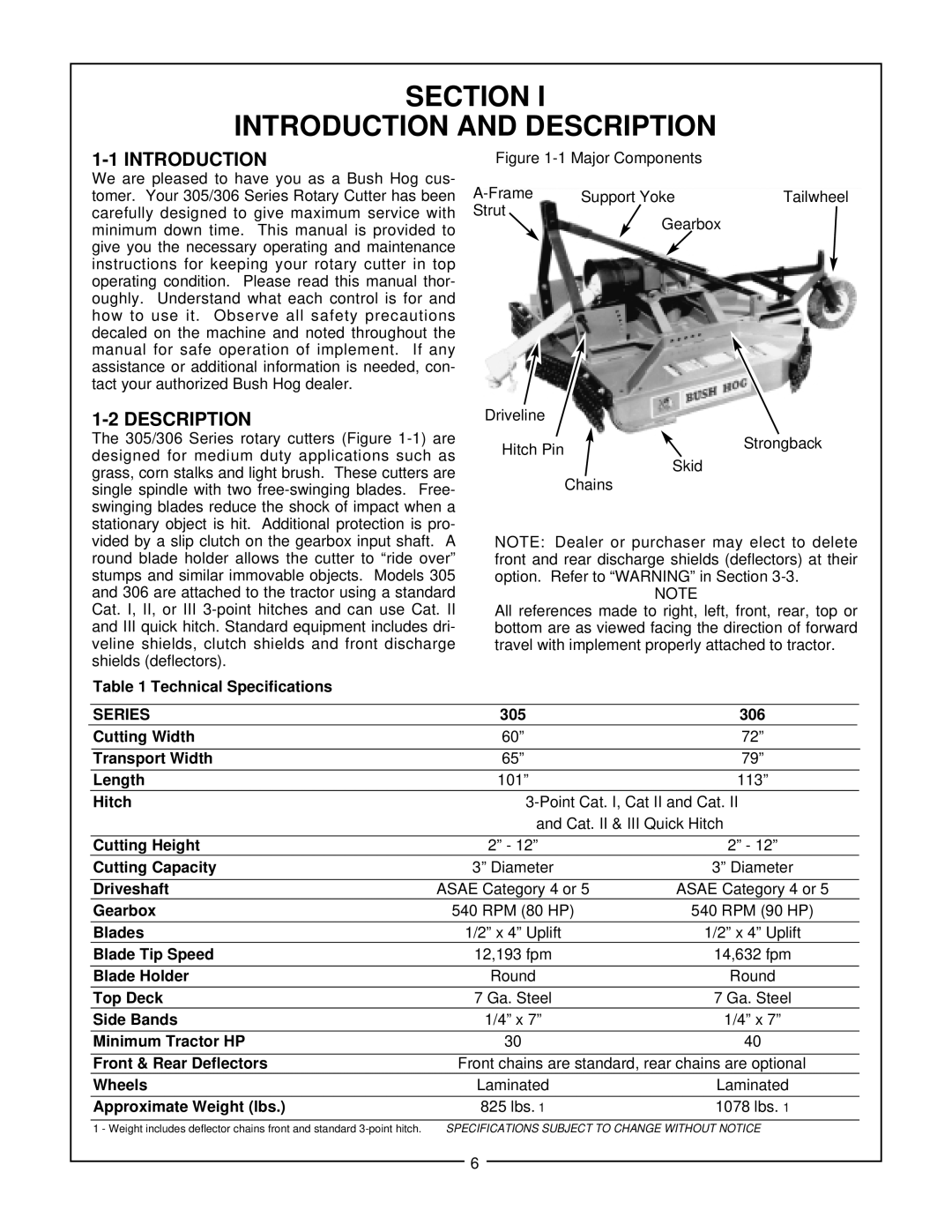 Bush Hog 305, 306 manual Section Introduction and Description, Series 