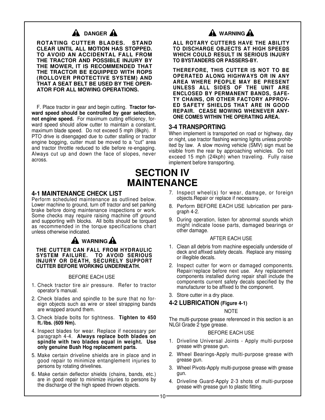 Bush Hog 305, 306 manual 4-1MAINTENANCE CHECK LIST, 3-4TRANSPORTING, Section, 4-2LUBRICATION, Maintenance 