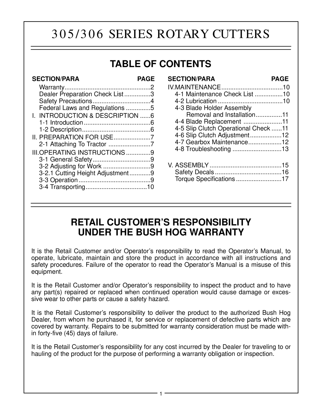Bush Hog 306, 305 Table Of Contents, Retail Customer’S Responsibility, Under The Bush Hog Warranty, Section/Para, Page 