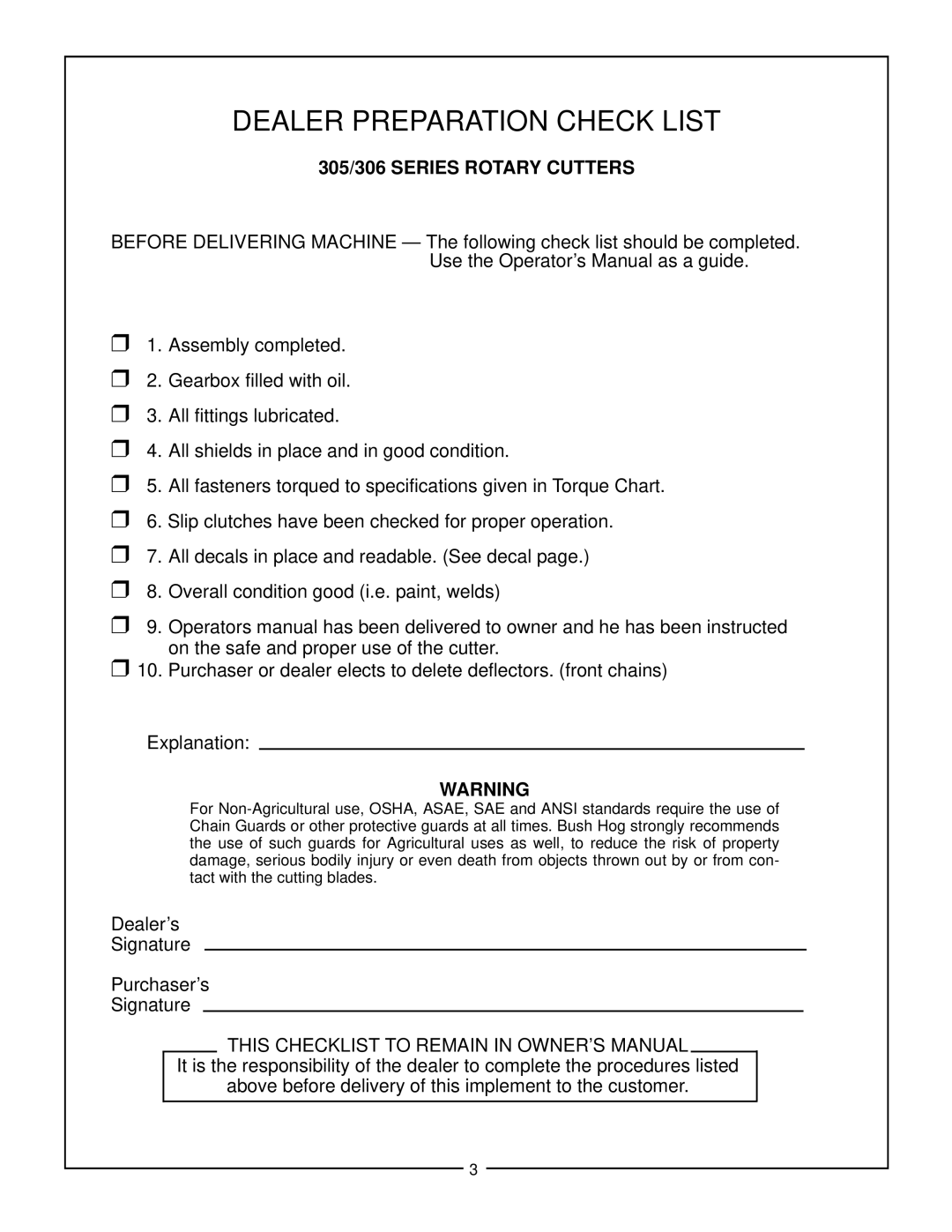 Bush Hog manual 305/306 SERIES ROTARY CUTTERS, Dealer Preparation Check List 