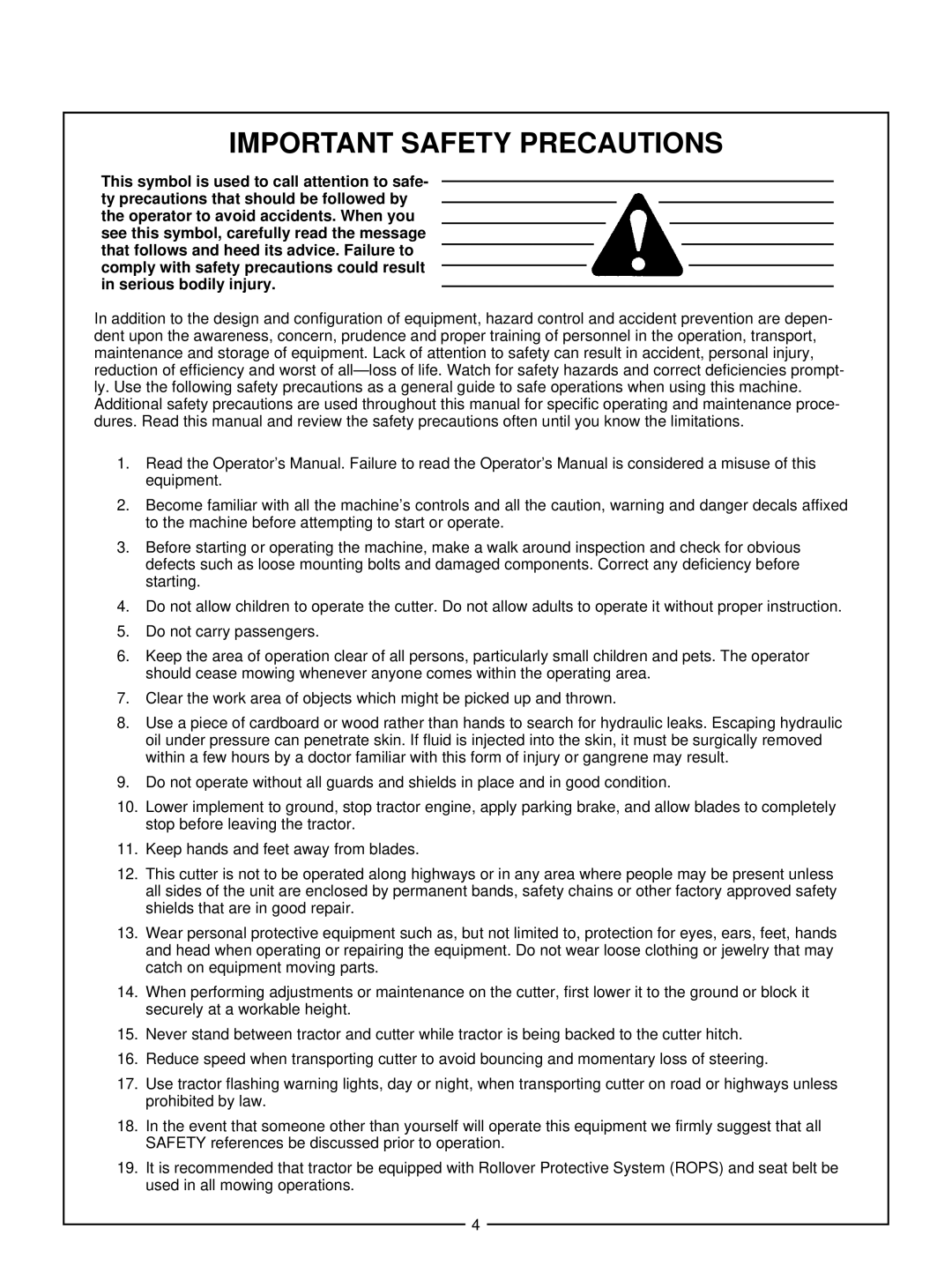 Bush Hog 305, 306 manual Important Safety Precautions 