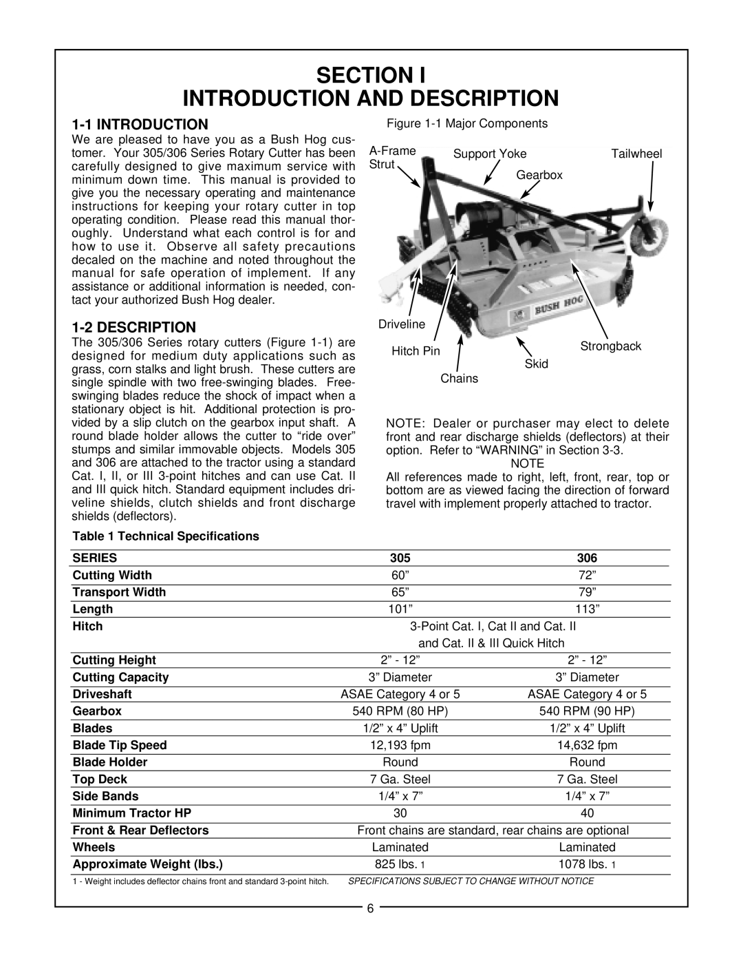 Bush Hog 305, 306 manual Section Introduction And Description, 1-1INTRODUCTION, 1-2DESCRIPTION 
