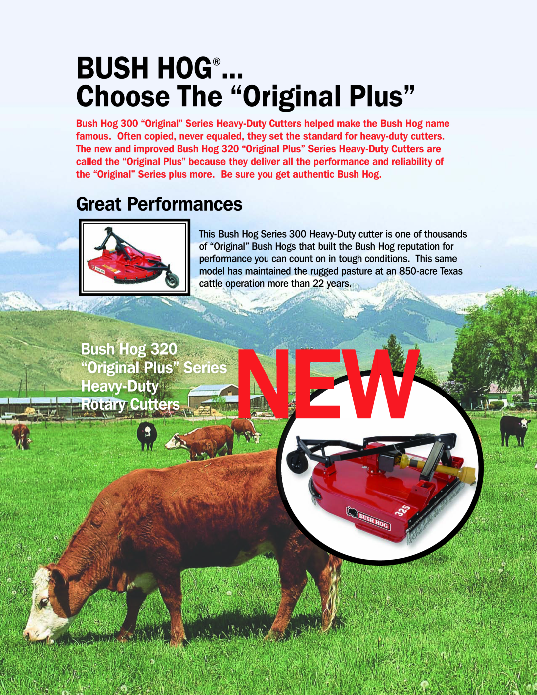 Bush Hog 320 Series manual BUSH HOG Choose The “Original Plus”, Great Performances, Bush Hog 320 New “Original Plus” Series 