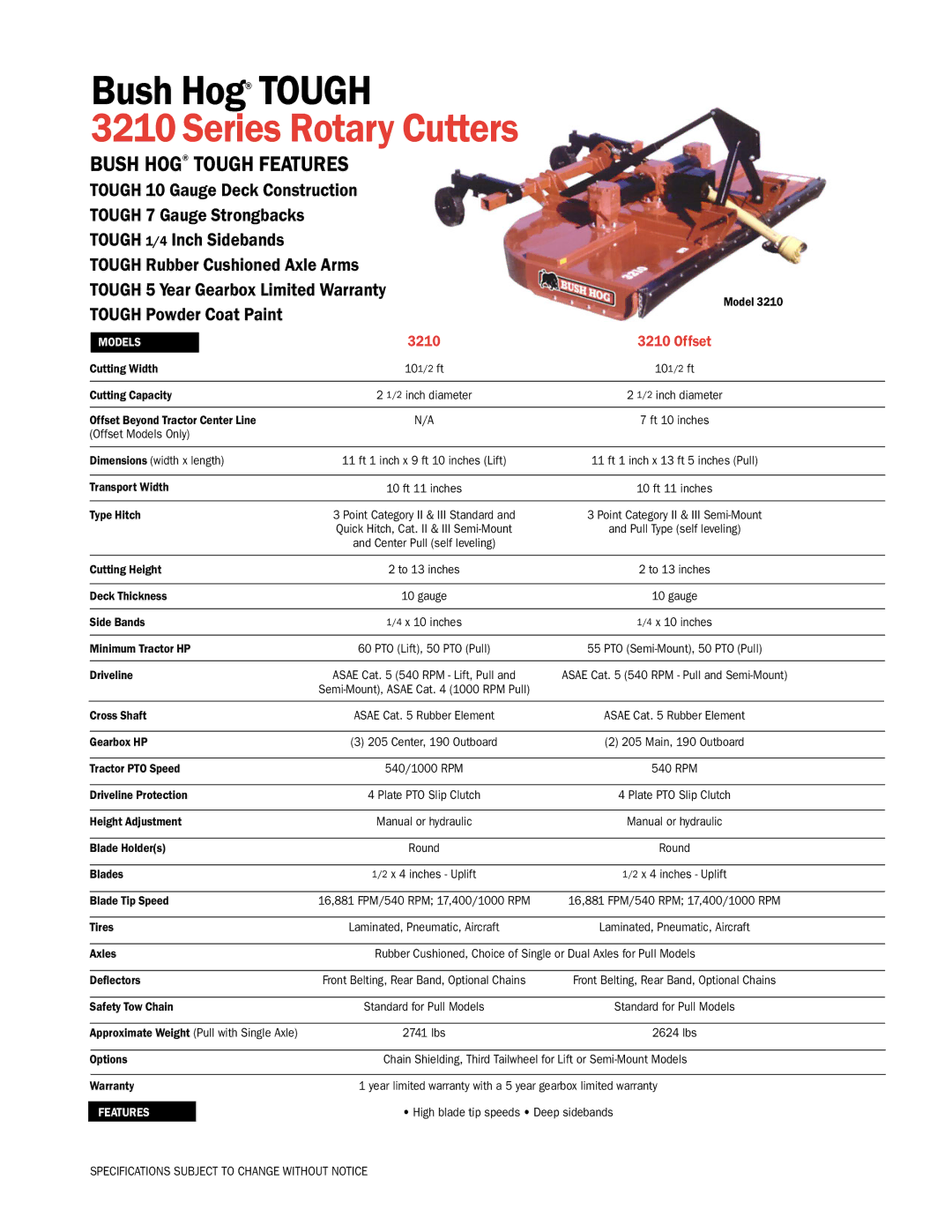 Bush Hog 3210 specifications Series Rotary Cutters, Bush Hog Tough Features, Tough 10 Gauge Deck Construction, Offset 