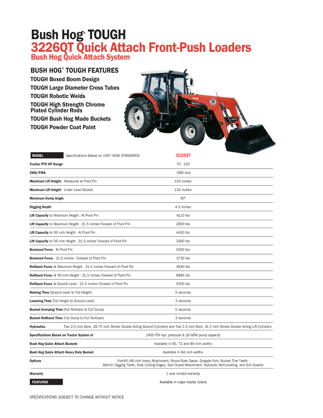 Bush Hog 3226QT specifications Maximum Lift Height Under Level Bucket, Digging Depth, Breakout Force At Pivot Pin, Options 