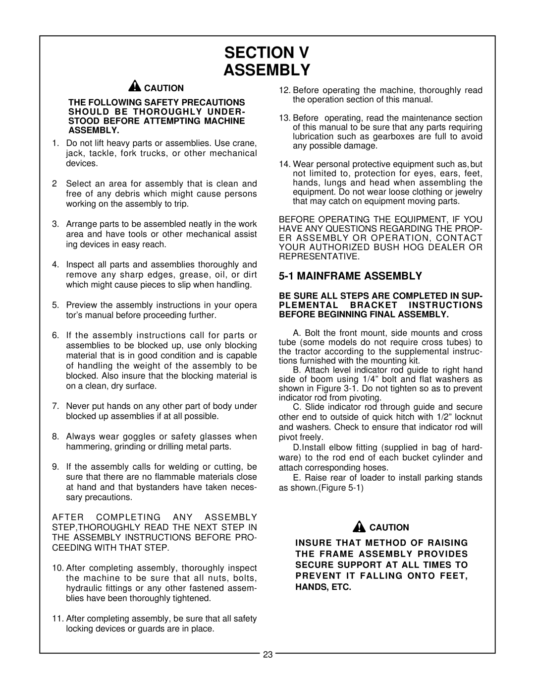Bush Hog 3227 QT, 2847, 2427 manual Section V Assembly, Mainframe Assembly 