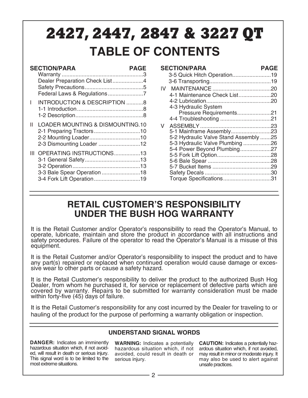 Bush Hog manual 2427, 2447, 2847 & 3227 QT 