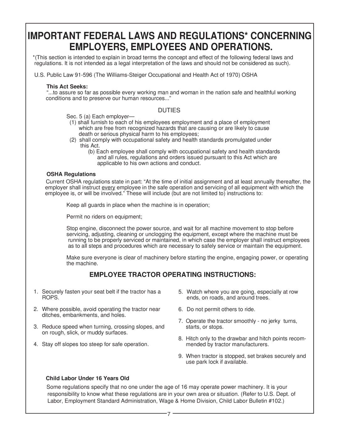 Bush Hog 2427, 3227 QT, 2847 manual EMPLOYERS, Employees and Operations, Employee Tractor Operating Instructions 