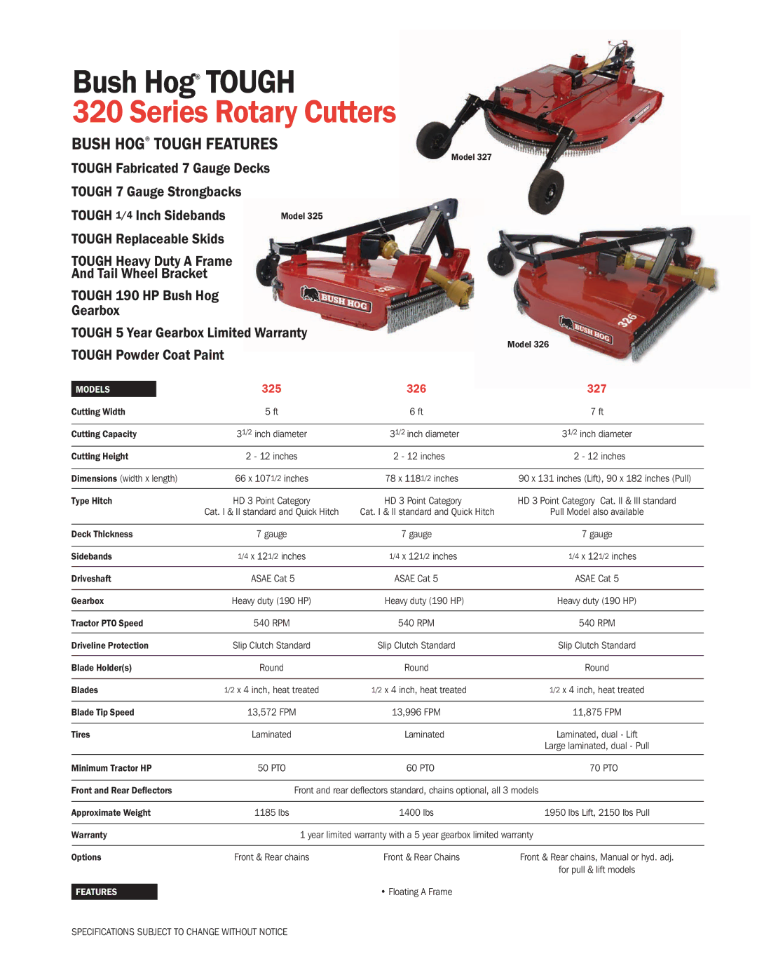 Bush Hog specifications Series Rotary Cutters, Bush HOG Tough FeaTUReS, Tough Powder Coat Paint, 325 326 327 