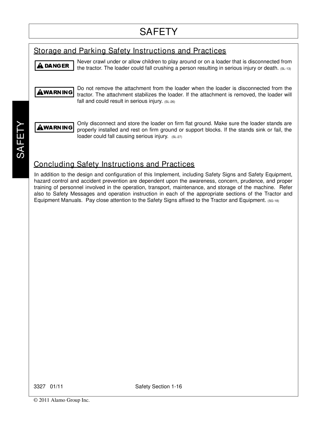 Bush Hog 3327 manual Storage and Parking Safety Instructions and Practices, Concluding Safety Instructions and Practices 