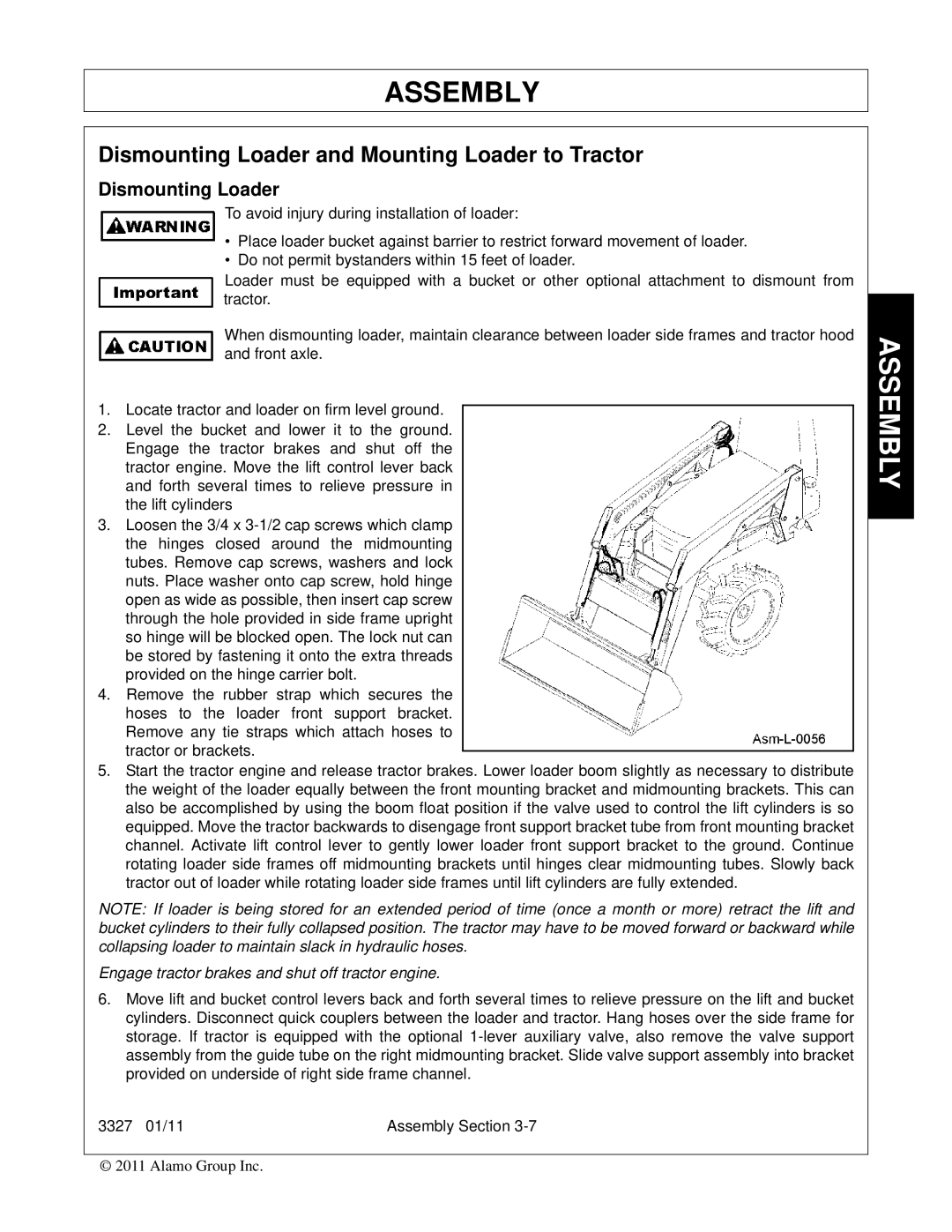 Bush Hog 3327 manual Dismounting Loader and Mounting Loader to Tractor 