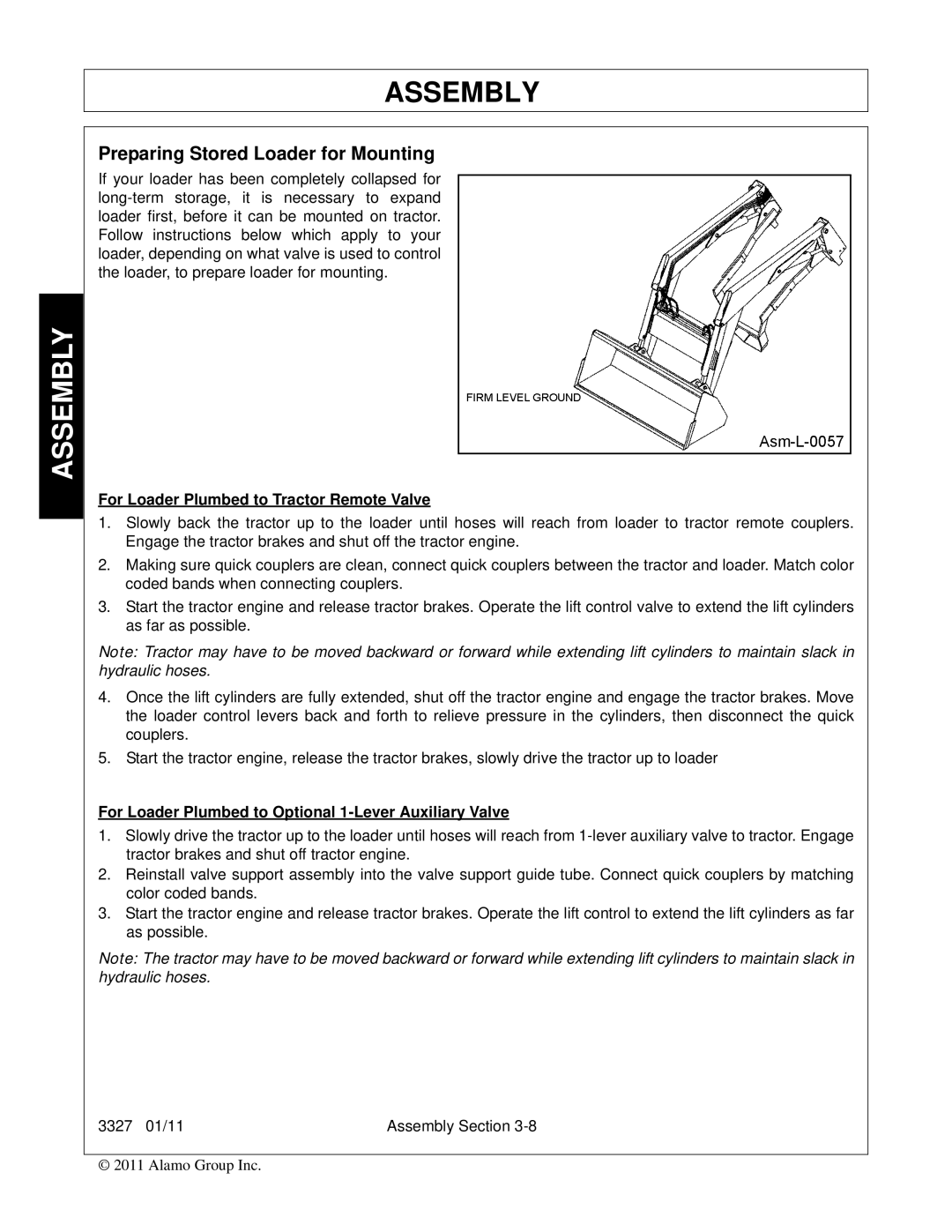 Bush Hog 3327 manual Preparing Stored Loader for Mounting, For Loader Plumbed to Tractor Remote Valve 