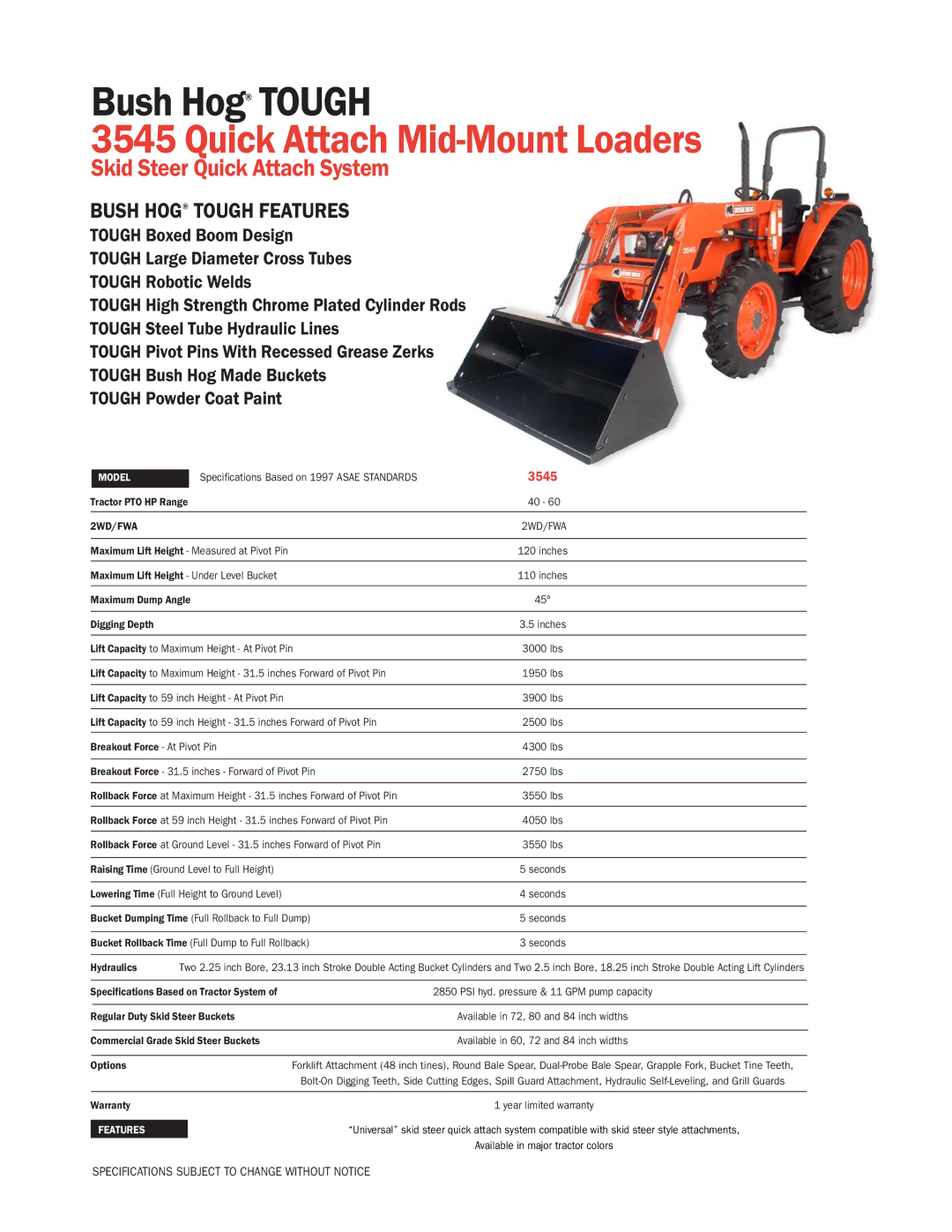 Bush Hog 3545 specifications Tractor PTO HP Range, Maximum Lift Height Under Level Bucket, Breakout Force At Pivot Pin 