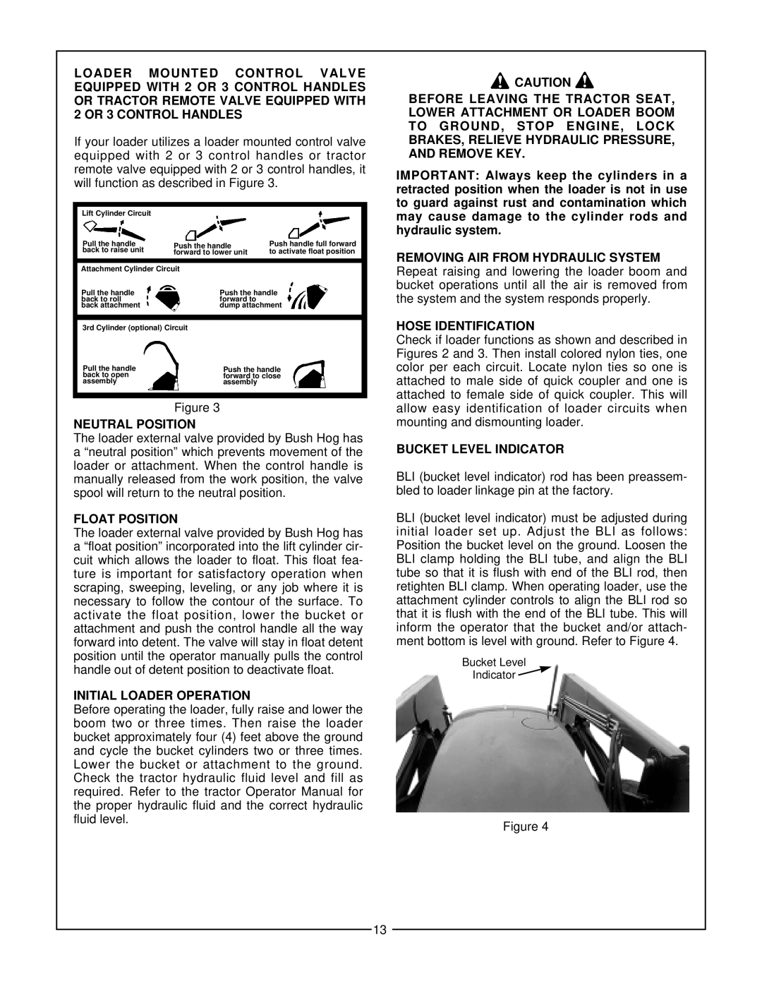Bush Hog 3860 QT manual Neutral Position, Float Position, Initial Loader Operation, Removing AIR from Hydraulic System 