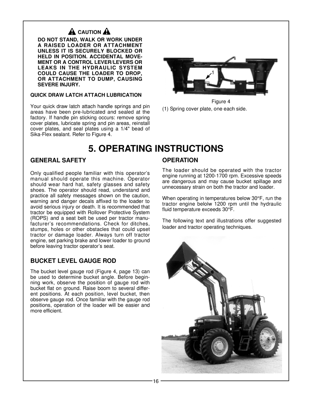 Bush Hog 3860 QT manual Operating Instructions, General Safety, Bucket Level Gauge ROD, Operation 