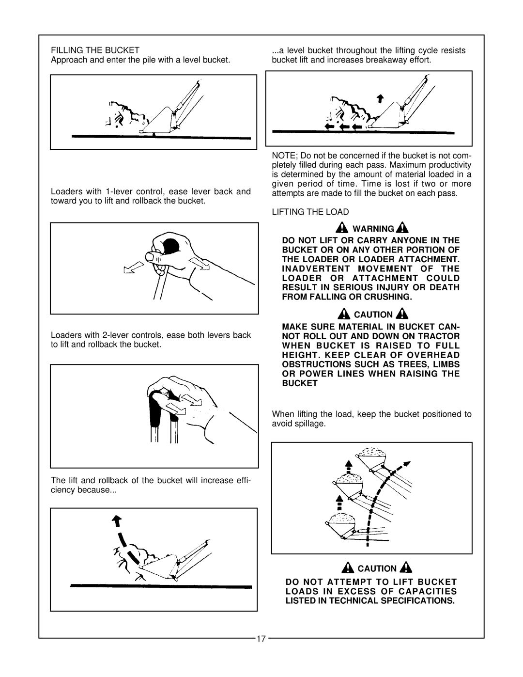Bush Hog 3860 QT manual Filling the Bucket, Lifting the Load 
