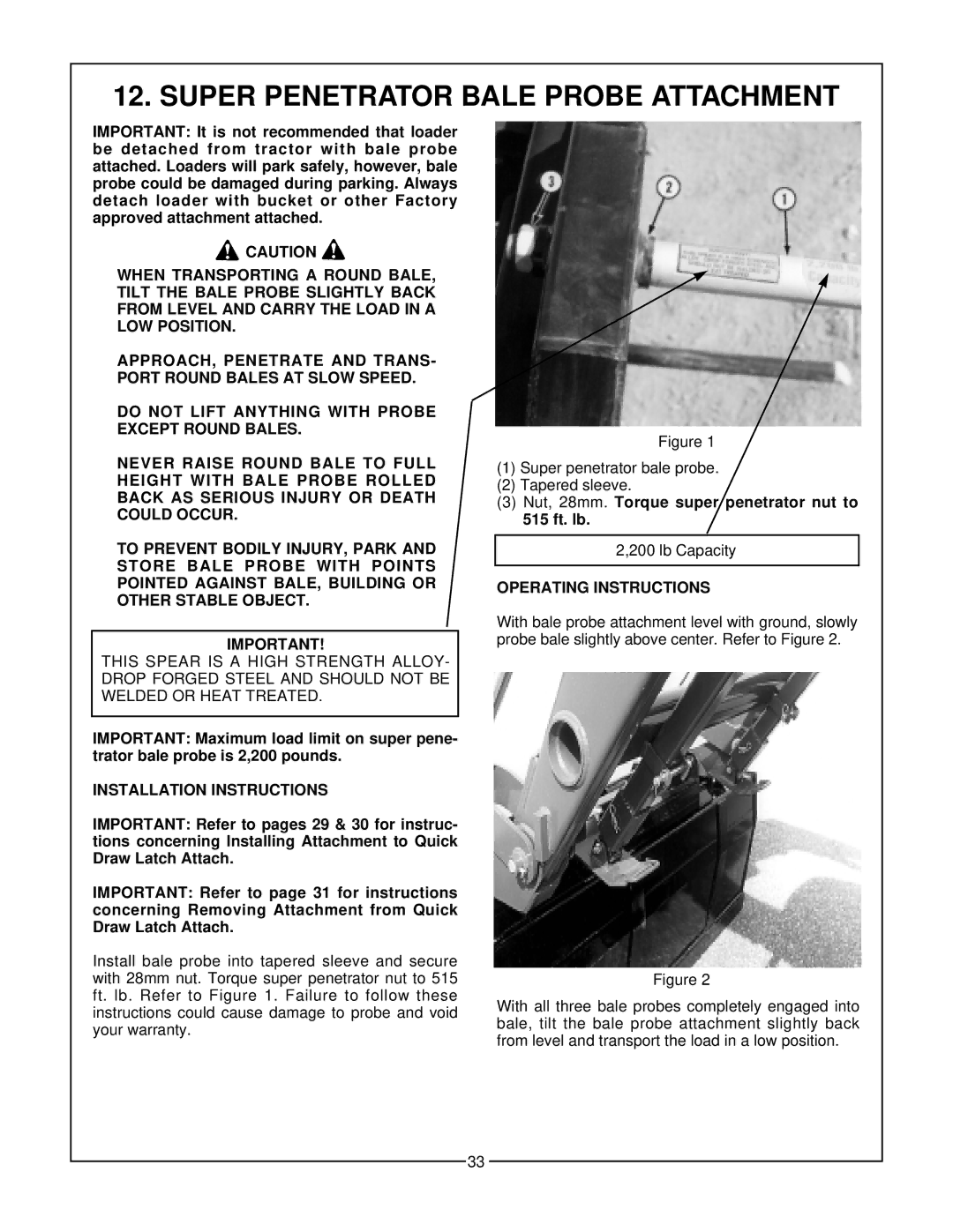 Bush Hog 3860 QT manual Super Penetrator Bale Probe Attachment, Installation Instructions 