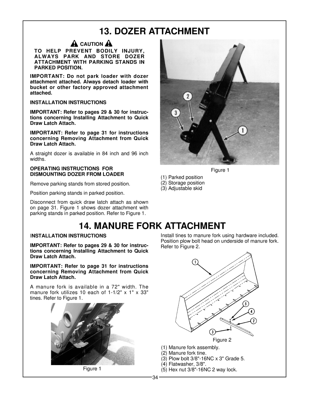 Bush Hog 3860 QT manual Dozer Attachment, Manure Fork Attachment, Operating Instructions for Dismounting Dozer from Loader 