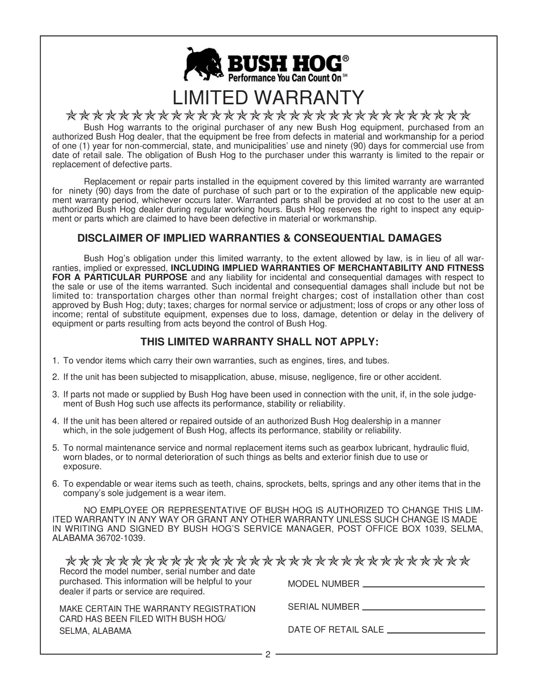 Bush Hog 3860 QT manual Disclaimer of Implied Warranties & Consequential Damages, This Limited Warranty Shall not Apply 