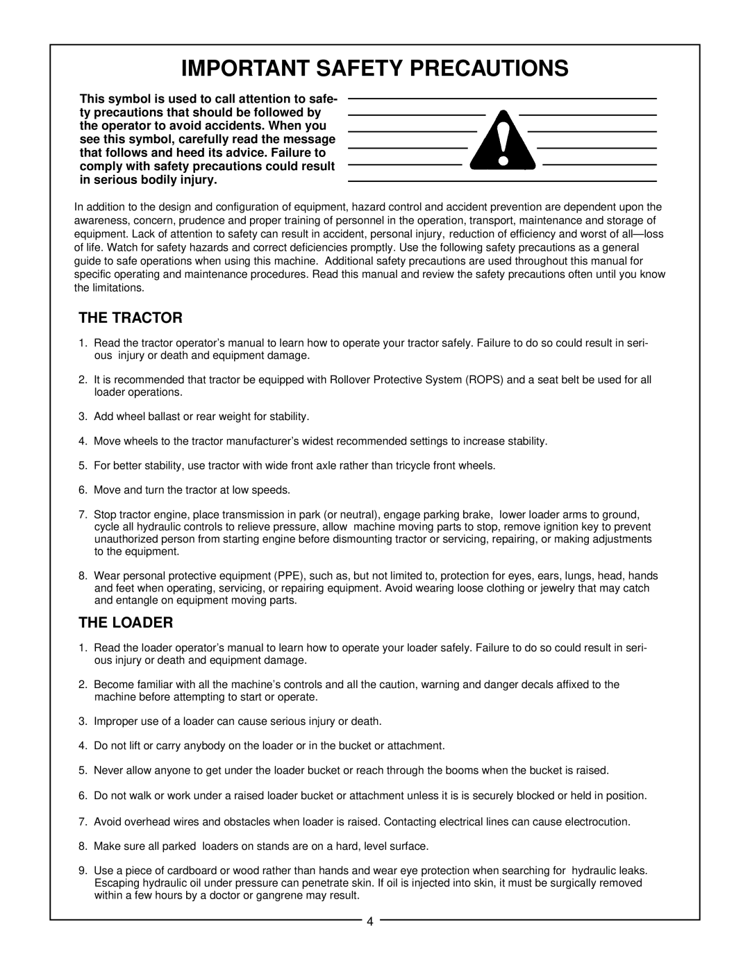 Bush Hog 3860 QT manual Important Safety Precautions, Tractor, Loader 